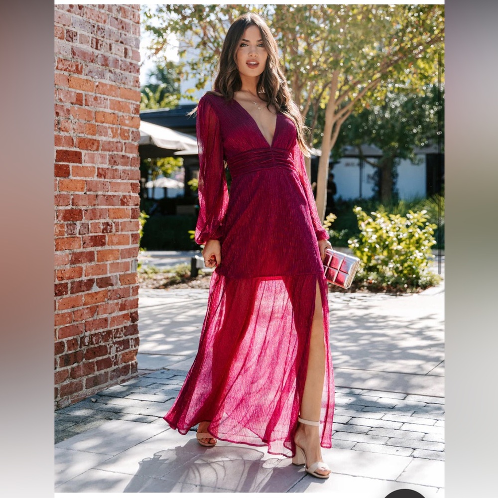 Loretta Plisse Metallic Balloon Sleeve Maxi Dress - Berry / XL